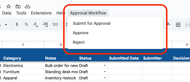 Approval Workflow custom menu in Google Sheets