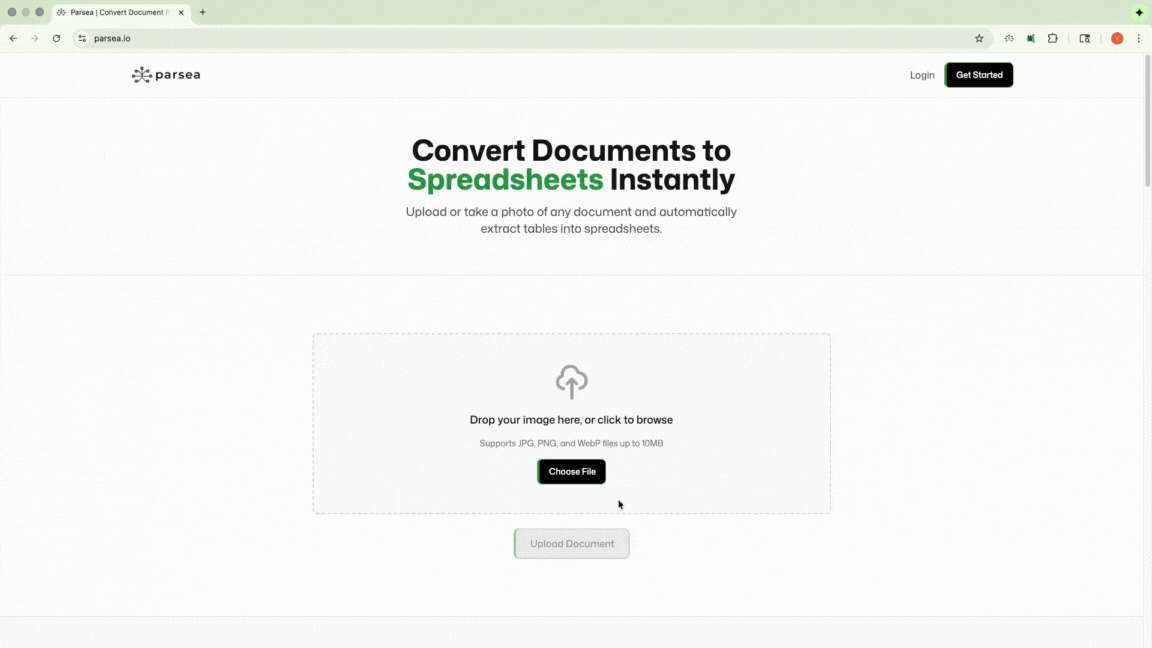 Example of converting image to spreadsheet with Parsea