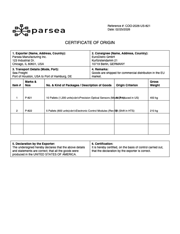 Certificate of Origin