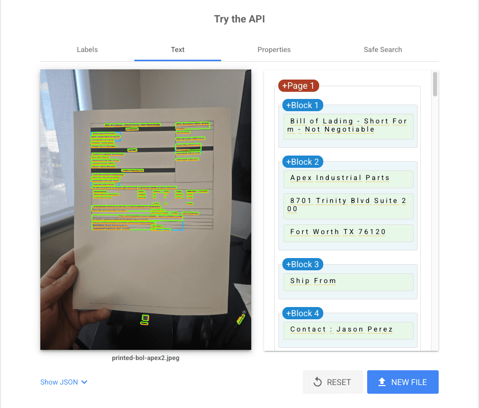 Google Cloud Vision OCR results on a Bill of Lading with detected text blocks highlighted