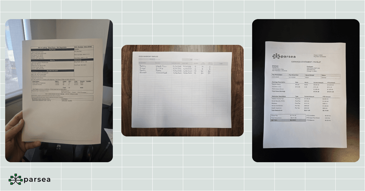 Three document types used in the OCR accuracy test: Bill of Lading, Food Inventory Template, and Earnings Statement