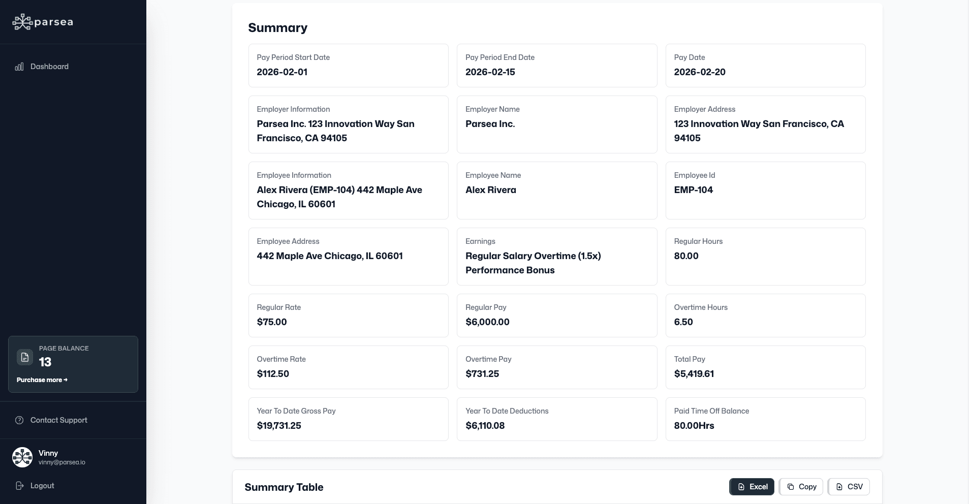 Parsea paystub extraction results showing extracted fields like pay period, employer, employee, and earnings
