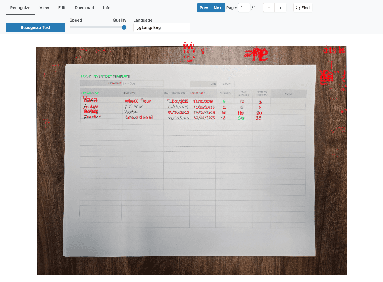 Tesseract OCR attempt on handwritten food inventory template with recognition results